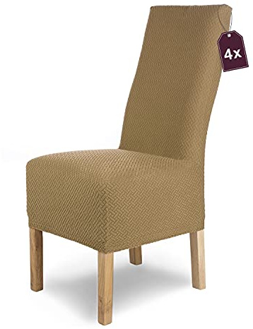 Scheffler Home Stuhlhussen Beige 4er Set Elastisch Luna-lang | Feine Microfaser-Stretch Stuhlbezüge, waschbar und pflegeleicht, für Hochlehner und Polsterstühle