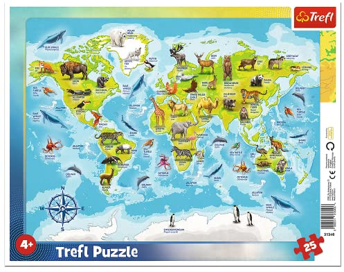 Trefl, Puzzle, Rahmenpuzzle mit Unterlage, 25 Teile, Weltkarte mit Tieren, für Kinder ab 4 Jahren, 31340, Farbig