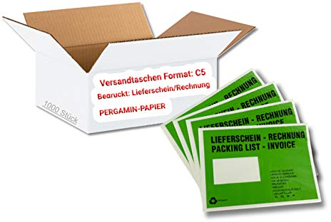 dm-folien Lieferscheintaschen C5 I 1000 Stück I Selbstklebende Versandtaschen mit Aufdruck I Grüne Versandunterlagen für Lieferscheine & Rechnungen I Versandzubehör aus Pergamin-Papier