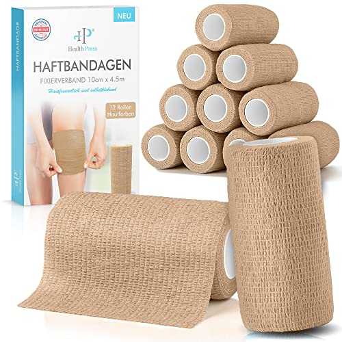 Health Press Selbstklebender Verband – 12 Bandagen Rollen (10cm x 4,5m) – Pflaster Rolle Verbandsmaterial – Elastische Bandage – Haftbandage selbstklebend (Beige, 12 Rollen)