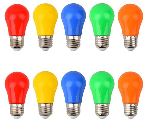 Jiotouhu 10er Pack Farbige LED Leuchtmitte 3W E27 A50 Gemischt Rot Gelb Grün Blau Orange,Bunte Glühbirnen für Hochzeit Halloween Weihnachten Party Bar