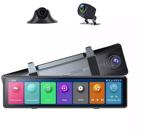 SZKJ Smart Rear View mirror Dash Cam Bluetooth Carplay/Android Auto Car DVR Video Recorder Reversing Camera 3 CHs dash cameras