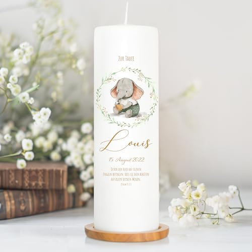 Wandtattoo Loft Taufkerze Junge oder Mädchen Motiv Elefant, 25cm x 8cm, personalisierte Kerze, bedruckte Kerze zur Taufe, Stumpenkerze, individuelles Taufgeschenk