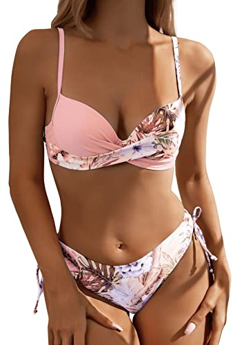 GORGLITTER Bikini för kvinnor push-up bikini med bygelset baddräkt med tropiskt mönster sjal bikini set tvådelad baddräkt badkläder, ROSA, S