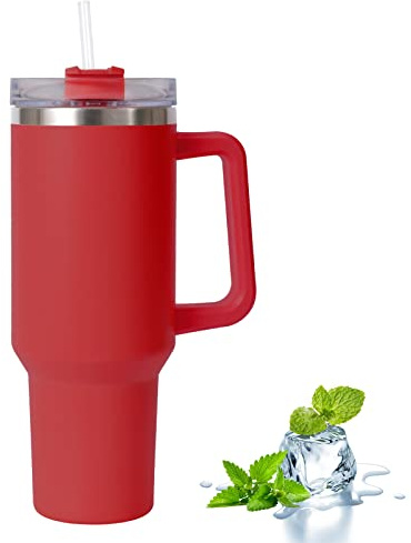 Joulli Travel Tumbler with Straw Lid and Handle,Travel Mug 40oz/30oz Stainless Steel Coffee Travel Insulated Cup Mug Leak Proof Vacuum Insulated Water Bottle for Cold & Hot Drinks (Red 40oz)