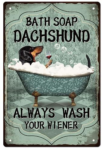 GLOBLELAND Targa In Metallo con Bassotto Vintage Sapone Da Bagno Pittura in ferro per Bagno Divertente Poster Logo di latta Decorativa Da Parete In Metallo Retrò 12x8 Pollici