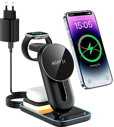AGPTEK Cargador Inalámbrico 4 en 1, Carga Magnética para iPhone 15/14/13/12, Carga Inalámbrica para iPhone 8/X/11 y Android Qi, para AirPods/Galaxy Buds, para Apple Watch, con 18W Adaptador y Luz LED
