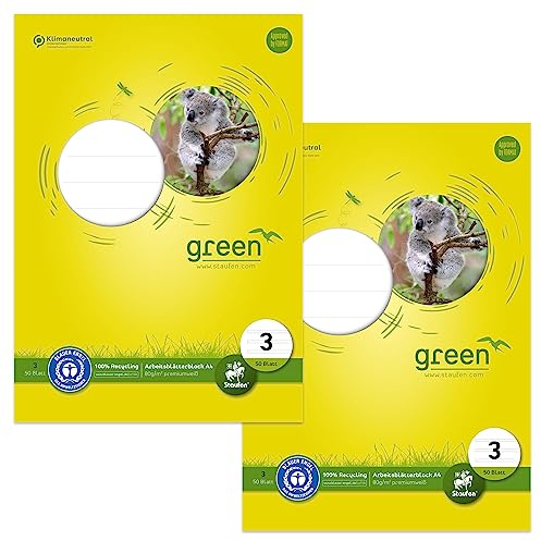 Staufen Green Arbeitsblätterblock - DIN A4, Lineatur 3 (14 Doppellinien), 2 Blöcke je 50 Blatt, 4-fach Lochung, 80 g/m² Recyclingpapier