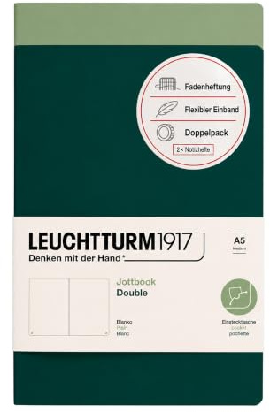 LEUCHTTURM1917 Jottbook A5 Blanko, 2er-Pack, Salbei und Forest Green | 59 nummerierte Seiten, 32 heraustrennbare Seiten, flexibles Softcover, Fadenheftung, Einstecktasche