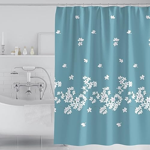 Homxi Duschvorhang Ösenringe,180 W x 180 H cm,Blau Weiß Duschvorhänge Blumen Muster Polyester Duschvorhang Haken Duschvorhang