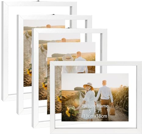 WIFTREY 5x7 Floating Picture Frames Set of 4, White Rustic Picture Frame 5 x 7 for Wall Hanging, Double Glass Family Photo Frame Float Display any Size up to 7x9
