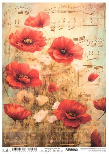 Josys Bastelmärchen Reispapier A4 Strohseide Noten Mohn Mohnblumen Gemälde Malerei Vintage RE5580