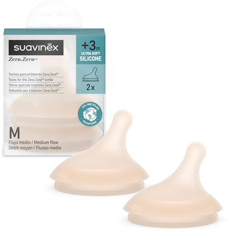 Suavinex, Confezione da 2 Tettarelle per Biberon Anti-Coliche Zero Zero, Flusso Medio (M), Per Liquidi a Media Densità, Latte, Succhi o Alimenti Liquidi, +3 Mesi, Light