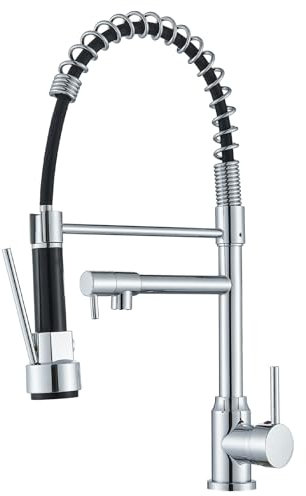 TVTIUO Rubinetto Cucina, con 2 Ugelli, Rubinetto a Molla Ammortizzante da Cucina, Rotazione a 360°, Standard Freddo e Caldo, Cromato.