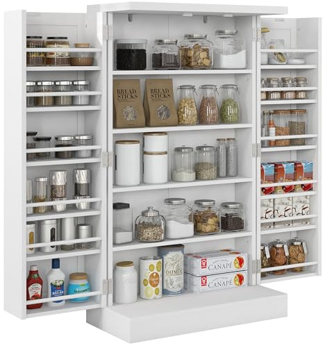 HOMCOM 41 Kitchen Pantry Storage Cabinet, Freestanding Kitchen Cabinet with 12 Door Shelves, Double Doors, 5-Tier Shelving and Adjustable Shelves, Painted White