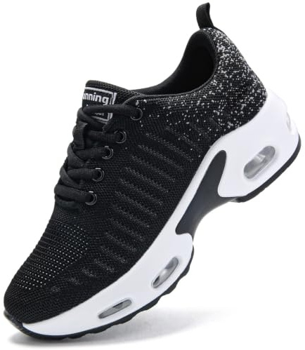Running Shoes for Womens Trainers Air Cushion Arch Support Orthopedic Trainers Ladies Lace-up Comfor Breathable Mesh Non Slip Cushioned Sneakers Black White UK 6