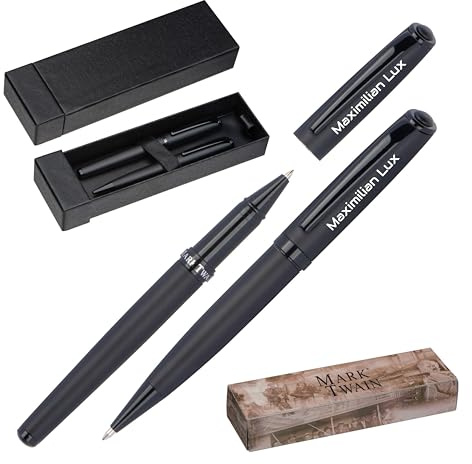 Mark® Twain Schreibset mit Box Kugelschreiber und Rollerball mit Gravur | Großraummine | einzigartige Stifte mit Namen |personalisierte Geschenke | Großraummine | Metall | mit Wunschgravur