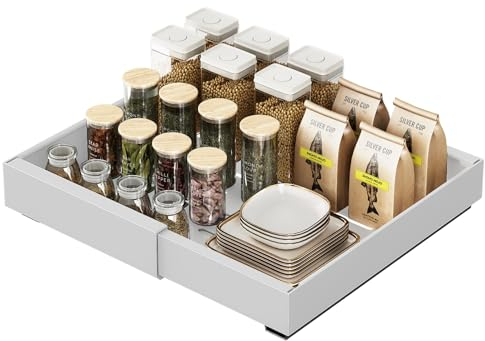Teleskopschublade,Ausziehbare Schublade Küche,Pull Slide Out Drawer mit Griff,Teleskopschublade Nachrüsten,Breite 30cm,Kein Bohren,für Küche Unterschrank Organisation. (32-52cm Weiß)