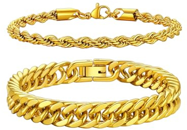 Richsteel Herren Edelstahl Armband Set, 2 Stück Herrenarmband, 3 Stück Herrenarmband, Schwarz/Stahl/Gold, 9/8/4mm Set Stapelbar, 19/21/23cm Länge, geeignet zum Verschenken