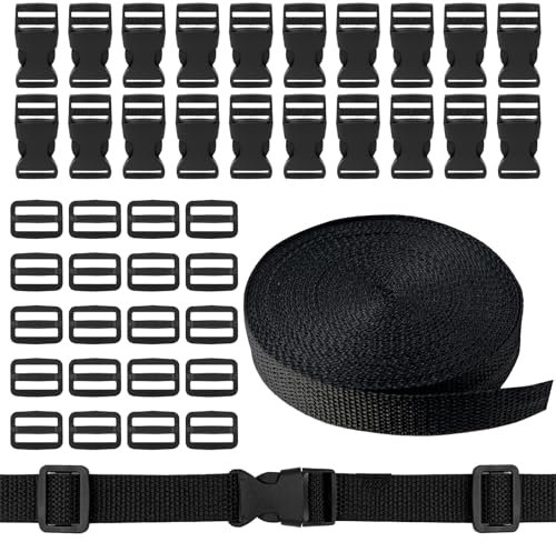 Correa de nailon de 10 m con 20 pares de hebillas, correas de nailon negro de 20 mm con hebilla de liberación rápida para mochila, correa de equipaje, collar de perro