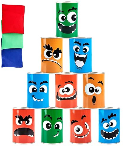 The Magic Toy Shop Tin Can Alley Game - Toss Bean Bags At Tin Cans - Fun Indoor & Outdoor Garden Party Games for Kids & Families - Ideal for Sports Days & Carnivals, Boys & Girls