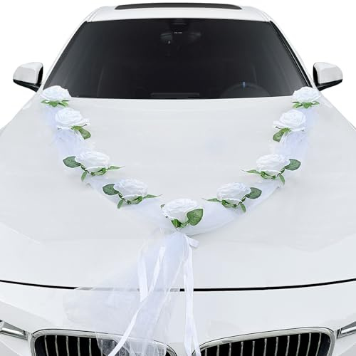 Zaxiva Hochzeit deko Auto Front Dekoration Kits, Künstliche Rosenautodekoration mit Schleifenband, Foto Requisiten Hochzeit, Weiße Mesh Hochzeitsdeko Autoschmuck,Blütendurchmesser 12cm