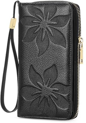GOIACII Geldbörse Damen Groß, RFID Blocking Portemonnaie Frauen Gross Leder Geldbeutel im Langformat Geprägte Blumen Brieftasche mit Handyfach und Reißverschluss