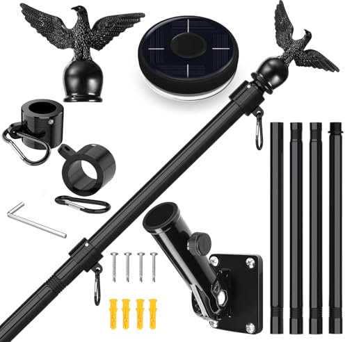 LETSTRY 5FT Flag Pole Kit for House with Solar Light and Adjustable Bracket, 1 Thickened Stainless Steel Outside Wall Mount Flagpole for 3x5 American Flag, for Residential, Outdoor or Porch (Black)