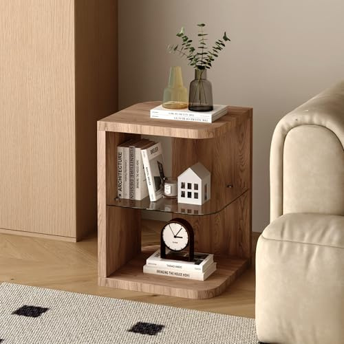 IMHKAM Beistelltisch Holz Couchtisch Moderner Nachttisch Glas Wohnzimmertisch Klein für Wohnzimmer Schlafzimmer, Hellbraun