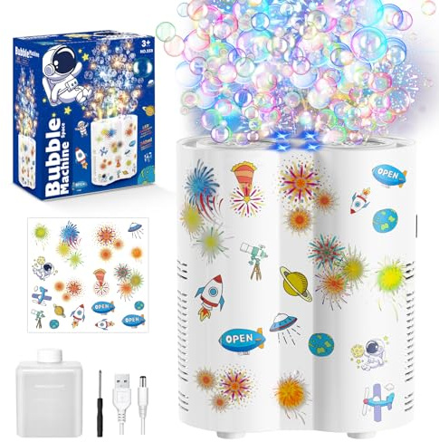 PANACARE Feuerwerksblasenmaschine, Automatische Seifenblasenmaschine mit 240ml Seifenblasenlösung/Licht/Musik, Geschenk für Weihnachten/Party, Raum-Blasen-Aufkleber für Silvester-Party Feier weiß
