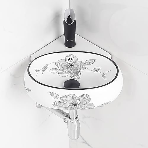 Lavabo En Céramique Mural,Blanc Céramique Lavabo Salle De Bain Rond Modern,Lave Main Angle,Meuble Lave Main Wc Avec Vasque D Angle,Lavabo Petit,Pour Wc Vestiaire Salle De Bains Toilette(Black flowers,