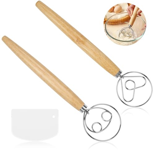 NVGVUP 2 Pcs Bread Dough Whisk, 13 in Danish Dough Whisk for Quick Mixing, Double Eyes Stainless Egg Beater with Long Wooden Handle, Ideal for Sourdough Flour Bread Baking Cooking