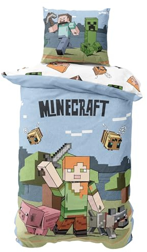 MTOnlinehandel Minecraft sängkläder 135 x 200 påslakan + 80 x 80 örngott, gaming för barn och tonåringar av mikrofiber, presentidé gamer