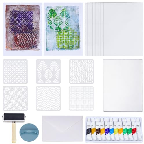 WEBEEDY Gel Printing Plate kit for Crafts Geometric Printmaking Set Includes 12.7X17.8 cm Reusable Gelatin Plate,Stencils,Acrylic Paint,Essential Tools and Instruction for Adults Printmaking Supplies