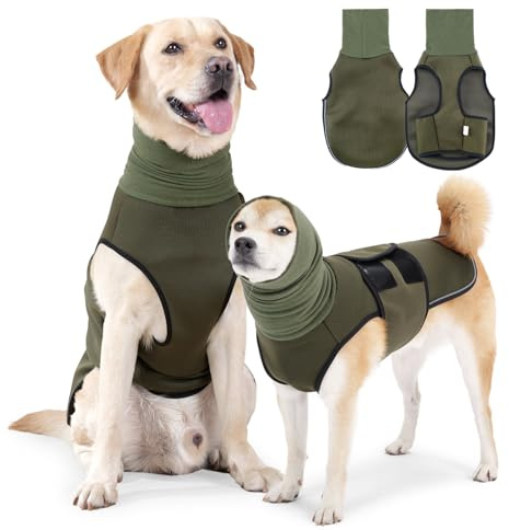 PAWIVID Veste de Peur Gilet de Calme pour Chiens avec Cache-Oreilles et Capuche - Manteau Anti-anxiété réglable pour Chien avec Bande réfléchissante (Vert armée, M)