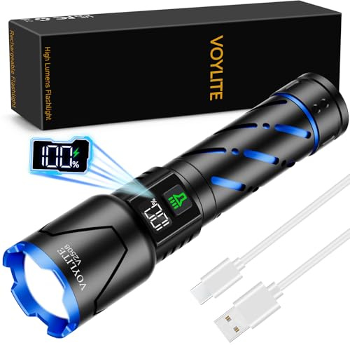 Voylite Rechargeable Flashlights High Lumens - 100000 LM, 5000mAh Battery with LCD Display, 3 Modes, Zoomable & IP67 Waterproof - for Camping, Dog Walking, Emergencies