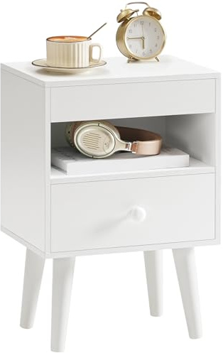 HOOBRO Nachttisch, Schmaler Beistelltisch mit ausziehbarem Tablett, Schublade aus Vliesstoff, Sofatisch, Couchtisch, für Wohnzimmer, Schlafzimmer, Weiß EWT191BZ01