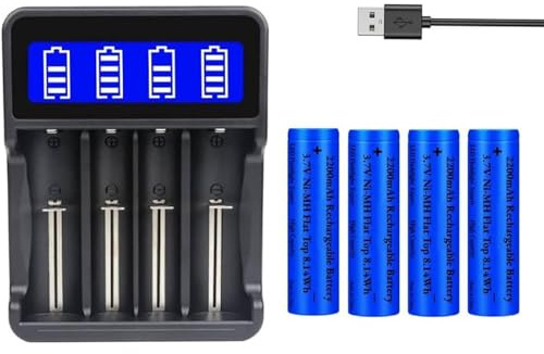 Lot De 4 Piles Batterie 18650 Rechargeables 2200mah (Flat Top) avec Chargeur USB – Batterie Nimh 3,7 Volts pour Lampe De Poche, Lampes Frontales, Appareil Photo,Non Compatible AA/AAA (Flat Top)