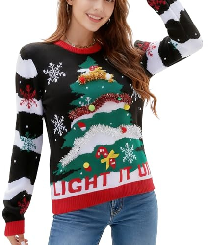 Raveparty Jersey de Navidad para mujer, Jersey navideño para mujer, Jersey navideño feo, Jersey de Navidad de manga larga, Estilo C., L