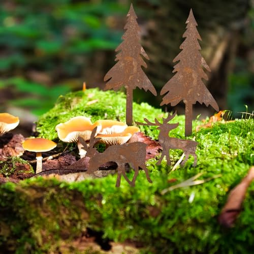 KOOOGEAR Gartenstecker Hirsch mit Tannen 4er Set, Weihnachtsdeko in Rostoptik, Gartendeko Rost Metall, Deko Rehe und Hirsche zum Stecken – Wetterfeste Weihnachtsdeko Roststecker