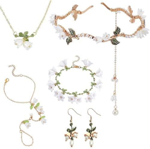 AHANDMAKER Ensemble de Bijoux de 6 Pièces Lys de la Vallée Collier Bracelet Boucles d'Oreilles Serre-Tête Fleurs de Lys Cloche Perle Fleurs Émail Feuilles Vertes Tassette Bijoux pour Femmes Cadeau de