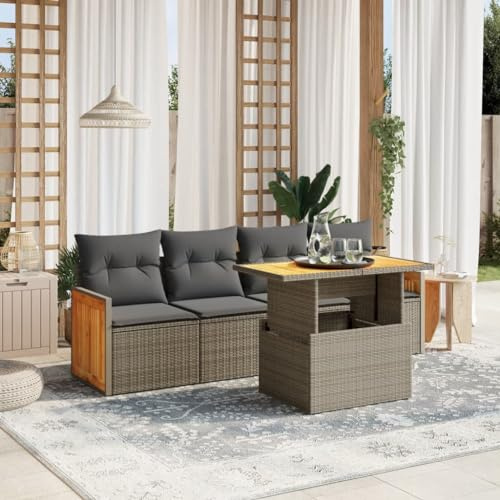 Tonture Ensemble de canapé de jardin 5 pièces gris en rotin synthétique - Table réglable, résistant aux UV - Groupe de sièges d'extérieur modulaire pour terrasse, balcon, siège extérieur confortable