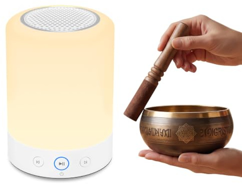Kipcush Cuenco de meditación tibetano automático, portátil, recargable, con 9 sonidos, luz nocturna y temporizador de voz para yoga, sueño, chakra y alivio del estrés