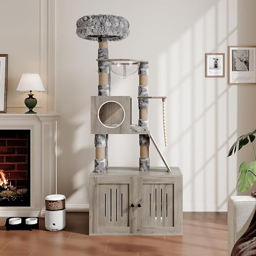 Garvee Cat Tree with Litter Box Enclosure, 170cm Tall Wooden Cat Tower with Transparent Capsule & Cozy Hammock, Litter Box Furniture with Scratching Posts, Platform & Washable Cushion for Indoor Cats