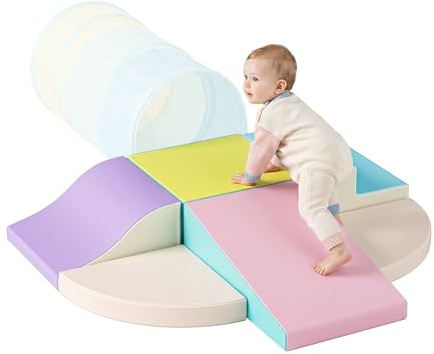 Wisbecost Parcours motricité bébé,6 Pièces Module Motricité Enfant Cuir PU Blocs Mousse Éducatifs - EPE Jouets Descalade Bébé Structure d'escalade Antidérapante (Macarons)