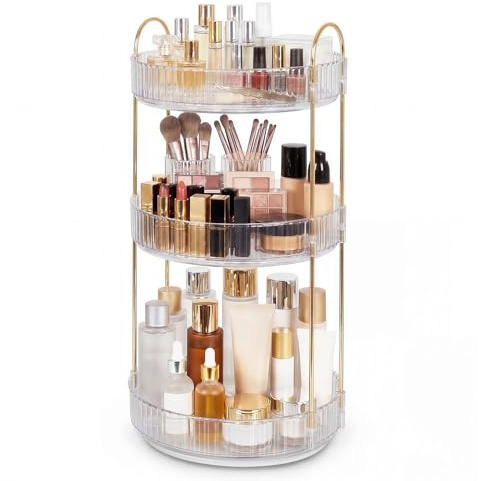 ilus 360 Rotating Makeup Organiser, 3 Tier Make up Storage Organiser, Cosmetics Storage Box with Gold Metal Frame, Large Capacity Perfume & Skincare Organizer for Bathroom, Vanity, Bedroom, White