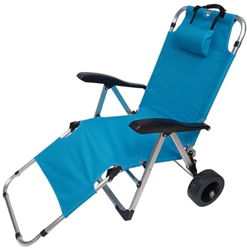 Sedia da Spiaggia Reclinabile Carrello Portaoggetti 2 in 1 Spiaggina in Alluminio Leggero con Ruote Grandi Tessuto Oxford Celeste Ideale per Trasporto Accessori Mare Relax sulla spiaggia richiudibile