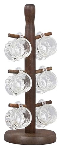 Rustikales Schnapsgläser-Set mit Kiefernholz-Ständer - 6x 2cl Henkelstamper, Dekorativer Schnapsglas-Baum, Ideal für Geschenk