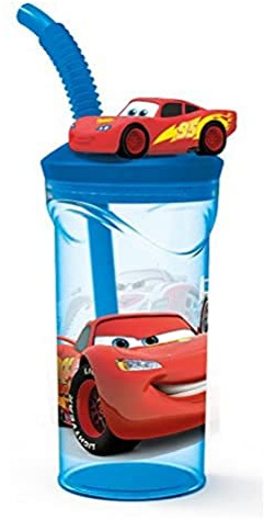 p:os 26529 - Tazza per bambini con cannuccia e coperchio, con personaggio 3D Disney Pixar Cars, circa 360 ml, in plastica to-go, senza BPA e ftalati