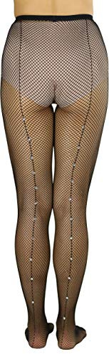 ToBeInStyle Women's Fine Fishnet Pattern Pantyhose W/Back Seam & Rhinestones - One Size - Black
